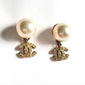 CHANEL Vintage Rare Pearl Ball Gold CC Rhinestone Dangle Earrings
